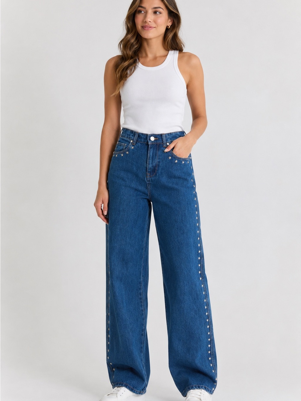Blank NYC • NWT $110 USD Blue Wide Leg Star-Trim Jeans W15” R13” I32”